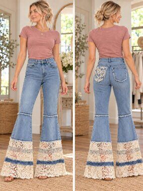 👖🤍 POL Lace Bottom Flare Jeans – Size M
